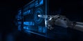 Robotic Hand Engaging with Interactive Digital Dashboard for Artificial Intelligence and Machine Learning Data Analysis. 3d render Royalty Free Stock Photo