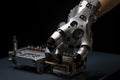 robotic hand, with five fingers and tactile sensors, grabbing metal wrench