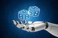 Robotic hand with floating digital dice, set against a futuristic blue background