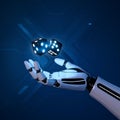 Robotic hand with floating digital dice, set against a futuristic blue background