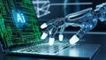 Robotic hand with glowing blue circuits interacting with a laptop displaying AI and binary code in a futuristic Royalty Free Stock Photo