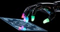 Robotic hand with glowing fingertips interacts with a futuristic digital interface display Royalty Free Stock Photo
