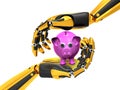 3d illustration. Robotic hand holding piggy bank. Savings concept. Isolated white background