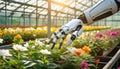 Robotic hand in the greenhouse tends to blooming flowers, future of sustainable farming, generative ai