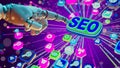 Robotic Hand Highlighting SEO Button Colorful Digital Tools on Purple Background