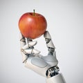 Robotic hand holding an apple 3d rendering, gmo concept, automation concept Royalty Free Stock Photo