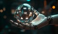 Robotic hand holding crystal orb with reflections Royalty Free Stock Photo