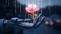 Robotic Hand Holding Delicate Flower With Digital Code Background Royalty Free Stock Photo