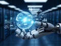 Robotic hand holding digital globe with holographic data analytics Royalty Free Stock Photo