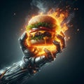 Robotic Hand Holding Fiery Burger in Digital Art Royalty Free Stock Photo