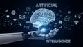 Robotic hand holding glowing blue artificial intelligence brain with digital icons image Royalty Free Stock Photo