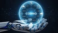 Robotic hand holding glowing coding orb with surrounding tech icons Royalty Free Stock Photo