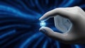 A robotic hand holding a glowing microchip against a background of blue data streams Royalty Free Stock Photo
