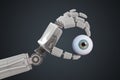 Robotic hand is holding human eyeball. 3D rendered illustration