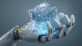 Robotic hand holding ice cube digital art ai generated technology future concept design element cool effect Royalty Free Stock Photo