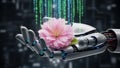 Robotic Hand Holding Pink Flower With Digital Code Background Royalty Free Stock Photo