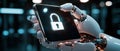 Robotic hand holding a smartphone displaying a glowing blue padlock icon, symbolizing AI powered cybersecurity, robotic technol