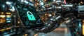Robotic hand holding a smartphone with a glowing blue padlock, symbolizing AI powered cybersecurity, data safety, and innovatio
