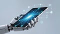 Robotic hand holding tablet with digital network interface â AI content Royalty Free Stock Photo