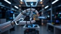 Robotic Hand Holds Advanced Microchip with Blue Digital Data Stream in Tech Lab Royalty Free Stock Photo