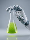 Robotic Hand Holds a Flask Containing Green Liquid in Laboratory Setting Depicting Advanced Technology and Royalty Free Stock Photo