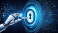 robotic hand holds glowing key, poised to unlock secure digital vault surrounded by binary code and circuit patterns, symbolizing Royalty Free Stock Photo