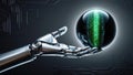 robotic hand holds glowing orb filled with streaming binary code, symbolizing fusion of technology and data in dark cybernetic