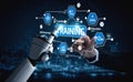 Futuristic Learning Concept Featuring Robot Hand Interacting with Digital Training Interfaces and Icons of Education and Royalty Free Stock Photo