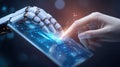 A robotic hand and a human hand interact with a glowing touchscreen, symbolizing the fusion of technology and humanity