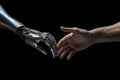 Robotic hand and human hand making physical contact. Artificial intelligence concept. Generative AI