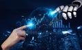 Robotic Hand and Human Hand Touching with Data Visualization and Graphs in Futuristic City Background Scalp Royalty Free Stock Photo