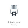 Robotic hand icon. Thin linear robotic hand outline icon isolated on white background from technology collection. Line vector sign Royalty Free Stock Photo