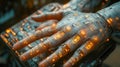 A robotic hand with illuminated circuits, symbolizing advanced robotics, artificial intelligence, and technology fusion
