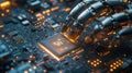 Robotic Hand Installing a Microprocessor on Circuit Board Royalty Free Stock Photo
