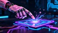 Robotic Hand Interacting with Advanced Processor Technology. Futuristic Artificial Intelligence, Cybernetic Interface Royalty Free Stock Photo