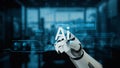 Robotic Hand Interacting with AI Technology Interface, Showcasing AI Chatbot Features and Digital Data Elements in a Royalty Free Stock Photo