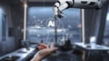 Robotic Hand Interacting with Artificial Intelligence Visual Representation in an Innovative Technology Office Royalty Free Stock Photo
