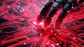 Robotic Hand Interacting with Circuit Board Technology innovation automation future progress A robotic hand activates a