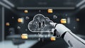 Robotic Hand Interacting with Cloud Storage Interface Showcasing Digital File Management and Data Transfer Concept in Royalty Free Stock Photo