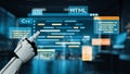 Robotic Hand Interacting with Code Interface Featuring HTML, C, and in Futuristic Office Environment. Auvana Royalty Free Stock Photo