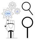 Robotic Hand Interacting with CRM Interface Surrounded by Gears and Magnifying Glass Elements Royalty Free Stock Photo