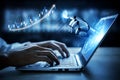 Robotic Hand Interacting with Data Visualization on Laptop Screen in Futuristic Technology Concept Impute Royalty Free Stock Photo