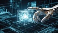 Robotic Hand Interacting with Digital Cube and Data Interface Royalty Free Stock Photo