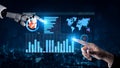 Robotic hand interacting with digital data dashboard displaying graphs and world map in futuristic technology concept Royalty Free Stock Photo