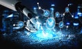 Robotic Hand Interacting with Digital Interface and Data Connections in Futuristic Cityscape Background, Representing Royalty Free Stock Photo