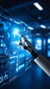 Robotic hand interacting with a digital interface displaying world map and data Royalty Free Stock Photo
