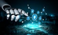 Robotic Hand Interacting with Digital Network Symbols Representing AI Technology, Data Processing, and Connectivity in Royalty Free Stock Photo