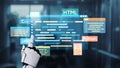 Robotic Hand Interacting with Digital Programming Code Display in a Modern Office Environment. Auvana Royalty Free Stock Photo