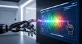 Robotic hand interacting with digital sound wave visualization on a futuristic screen Royalty Free Stock Photo
