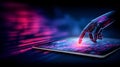 Robotic hand interacting with a digital tablet displaying colorful data streams, showcasing advanced technology and Royalty Free Stock Photo